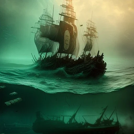  closeup on pirate ghosts, sunken shipwreck, water, reflection, movie poster, fantasy art, misty