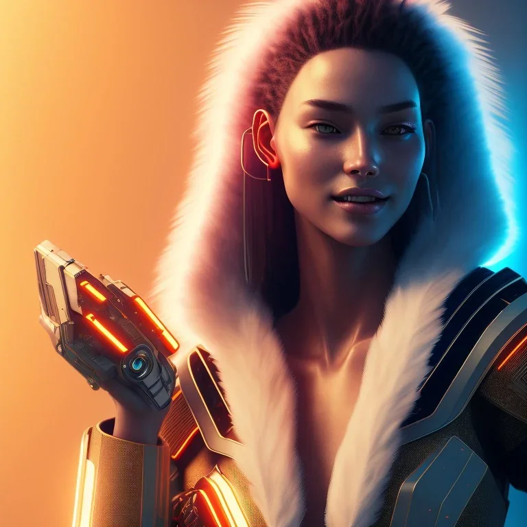 A beautiful portrait of a cyberpunk woman cyborg smiling facing camera orange color scheme, high key lighting, volumetric light high details with white stripes and feathers unreal 5, octane render, cinema4d, dynamic lighting, dramatic lighting, 4k, redshift render, highly detailed, hyper realistic