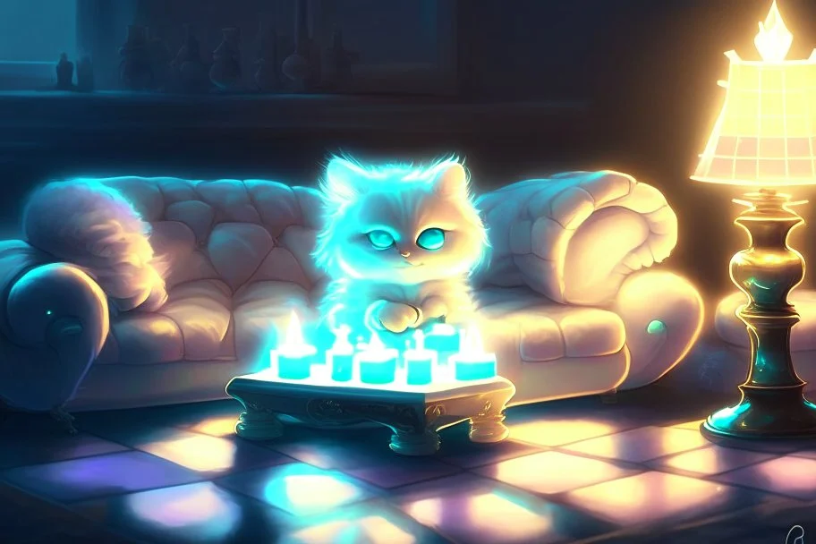 cute chibi fluffy beige bioluminescent cat playing chess sitting on a sofa next to a glowing tiffany lamp in a modern room