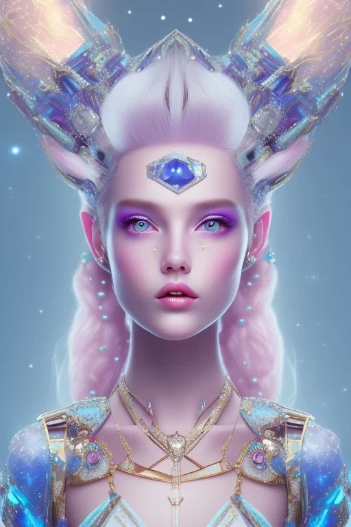 cosmic petit prince belle fine, profil de trois quart, grand front cosmique, peau bleu cristalline, yeux bleu, perle sur le front long cheveux blond et rose etoilé, cristaux sur le corps, collier de grande princesse, levres souriante, très jolie sourire