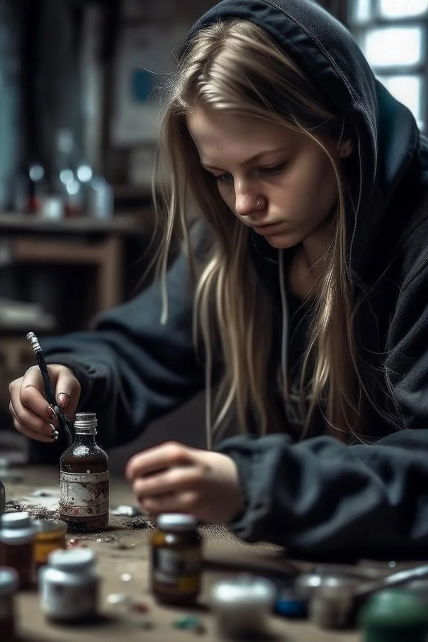 a dirty girl using a needle in her arm. drugs. beer bottles. slum