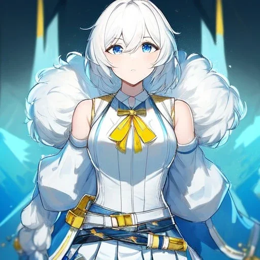 Clear focus, High resolution, rough line sketch art, short fluffy white hair, hair between eyes, fluffy hair, blue eyes, wearing a sleeveless shirt, wearing a a pleated skirt , detailed outfit, lots of details, bow on belt, white belt, white and blue everywhere on outfit, cut sleeve, yellow chains around outfit, concept art