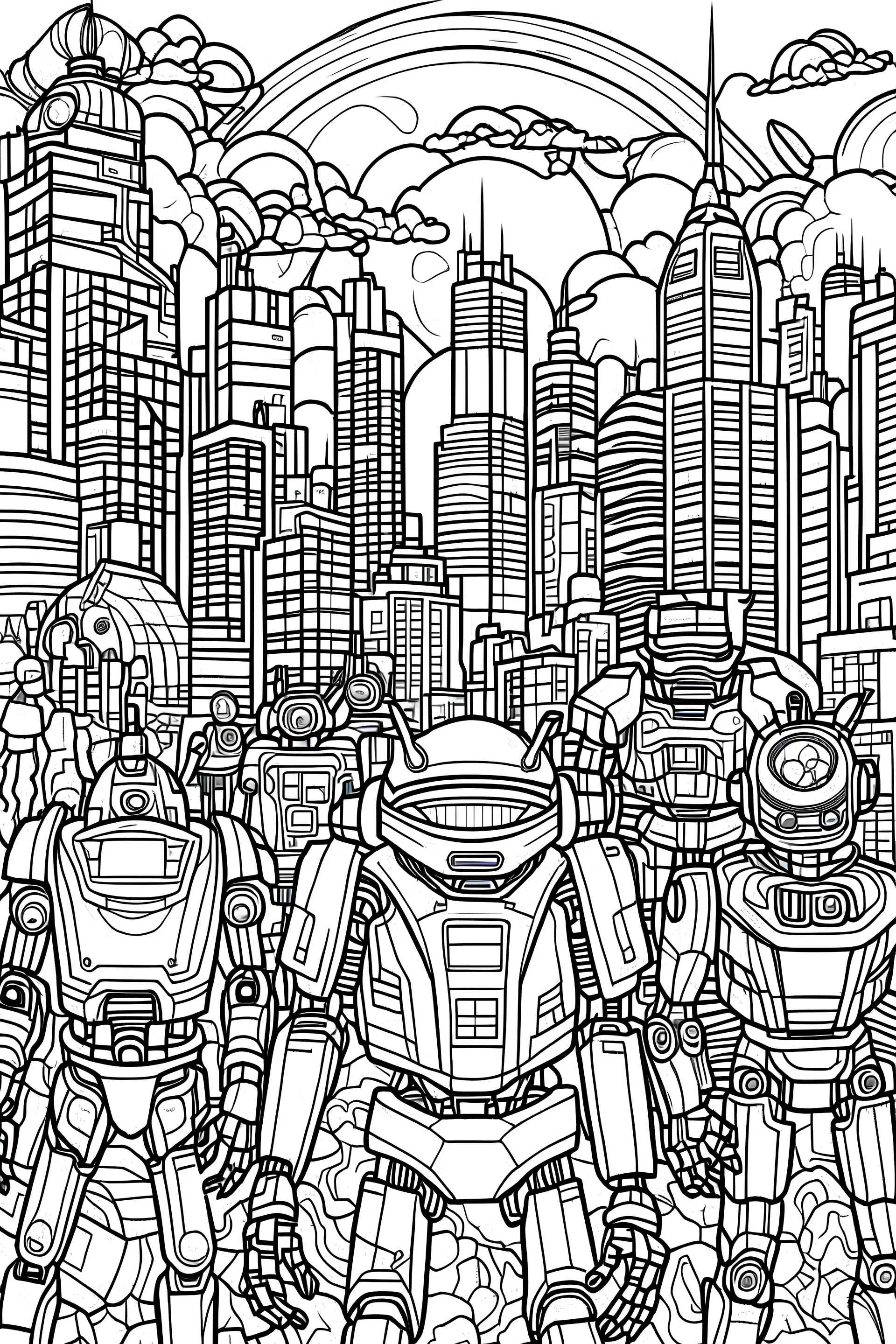 Picture of the RoboFriends celebrating in a futuristic cityscape. For coloring in book, thick lines,no background