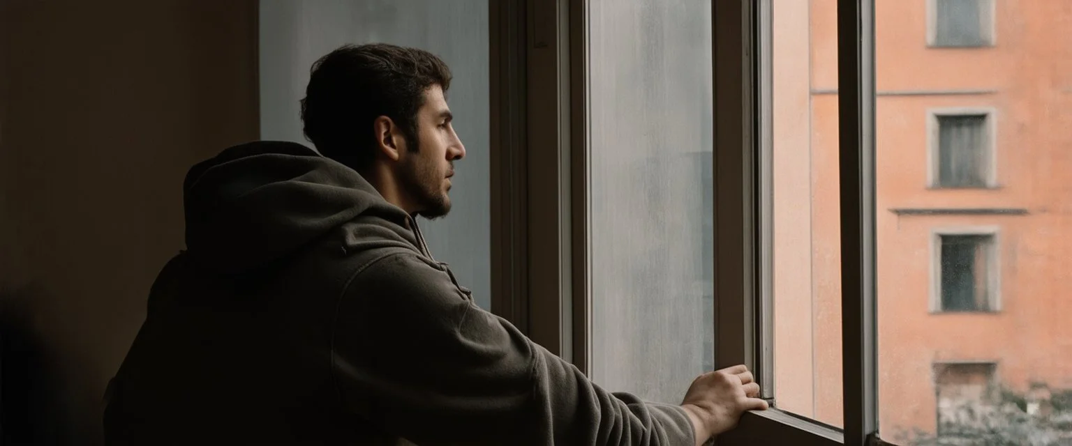 man in a hoodie is watching from the balcony painted by andrea del sarto