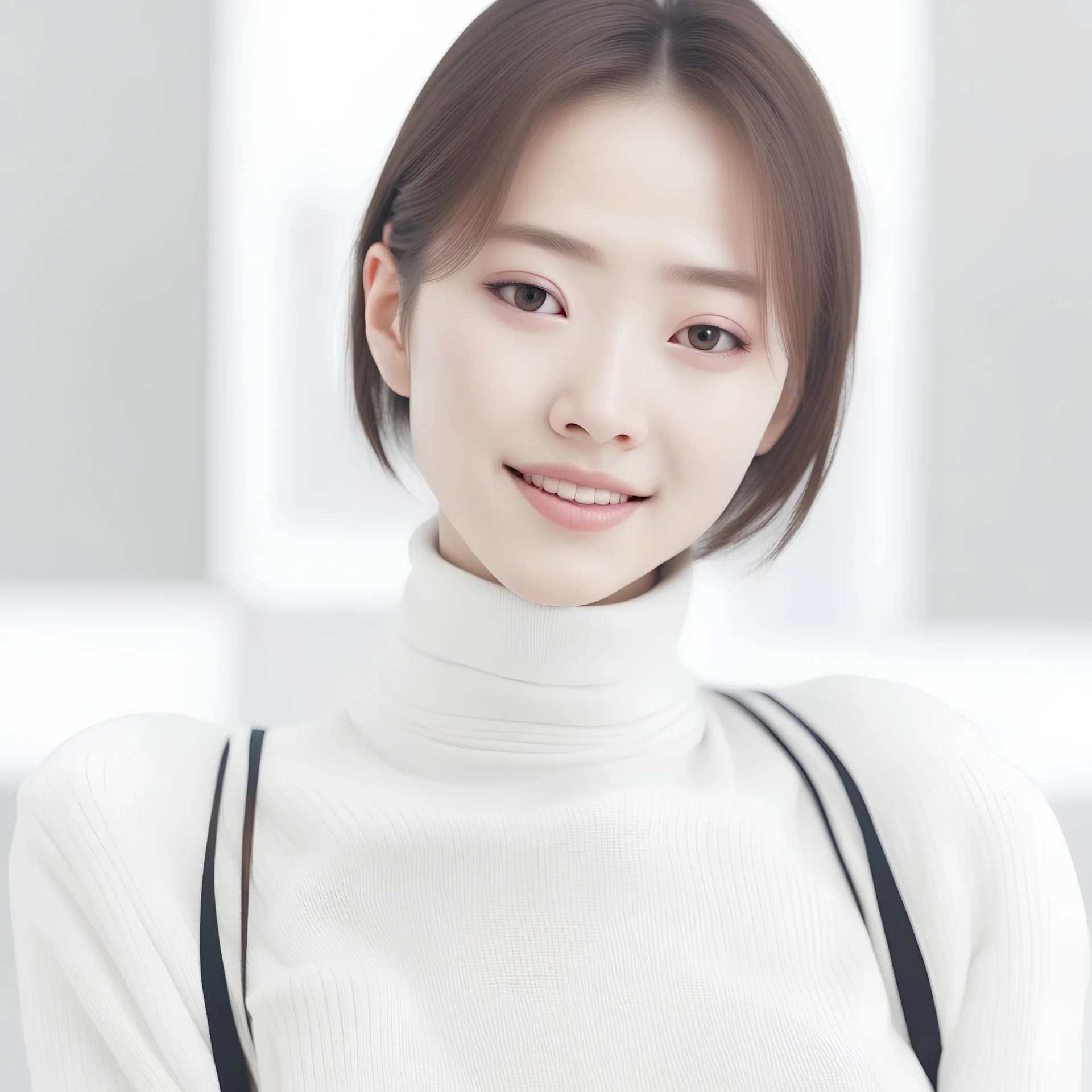 close-up, bright portrait photo, beautiful Korean girl, artificial avatar, smiling, tight turtleneck, symmetrical, minimalism, white background