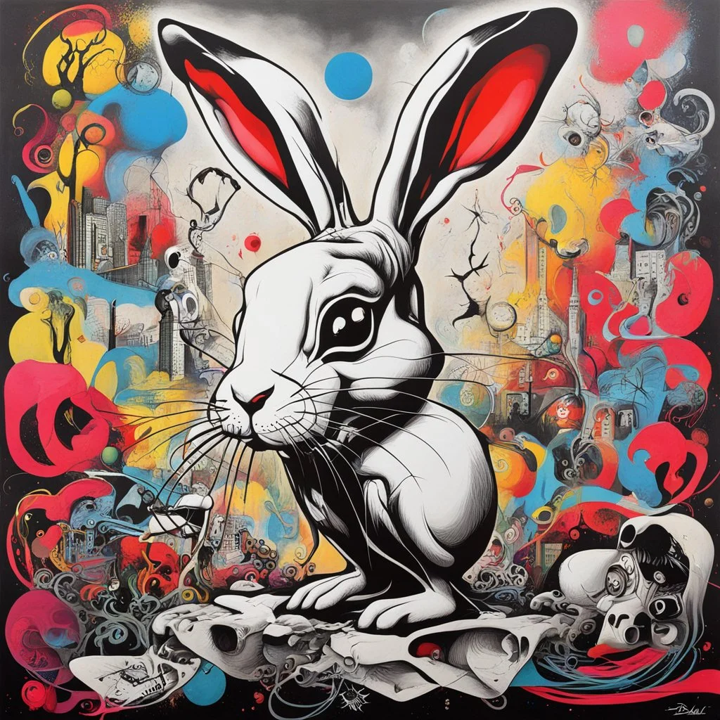 Pop street surrealism, grafitti art, banksy and Salvador Dali, sinister surreal rabbit