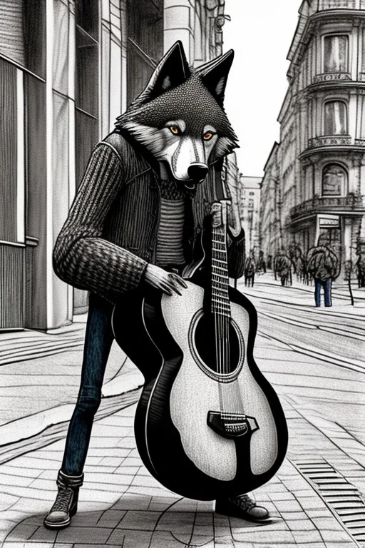 One single mature wolf, worn out clothes, playing guitar in the street , Vienna, mourning, model style, hyper realistic, extremely accurate, delicate, extremely detailed, Graphic novel style, wide-angle, open aperture, superfine pencil