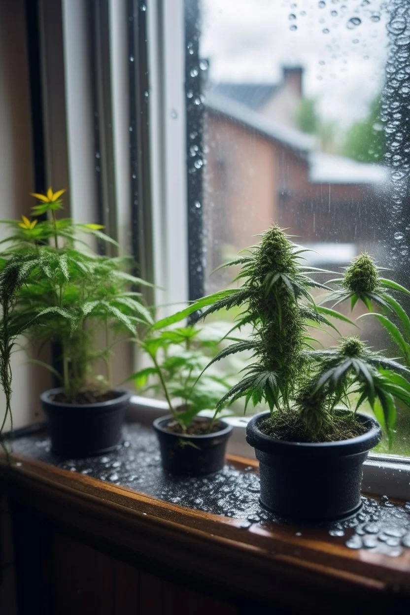 marijuanas plants on a windowsill on a rainy day
