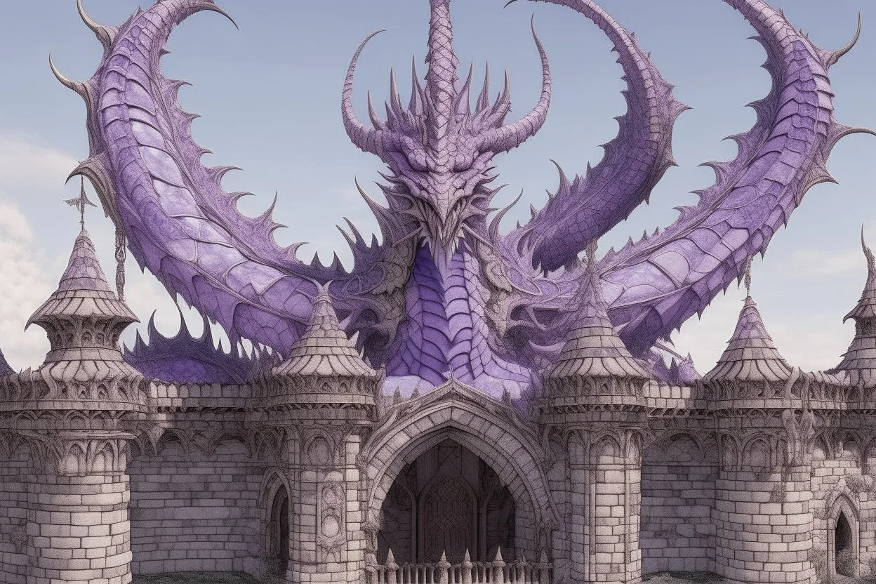 A pale violet fortress with dragon horns designed in ancient Roman mosaics painted by Zosan