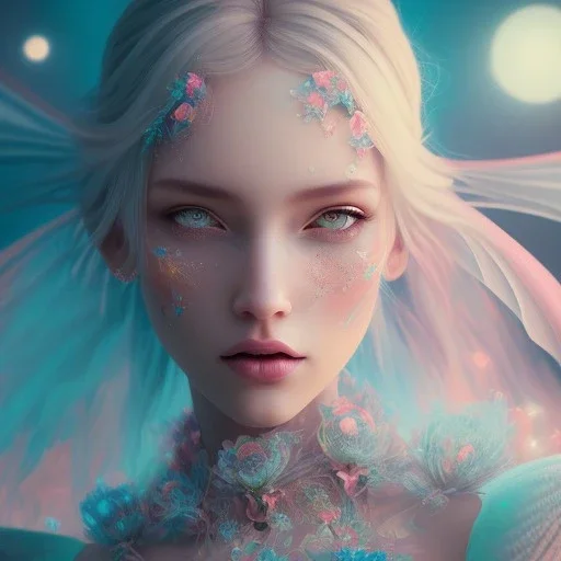 fairy, pink, blue, turquoise, beautiful, hyperrealism, masterpiece, expert, cinematic lighting, sharp focus, 8K, macro lens, woman, detailed, flower, galactic atmosphere