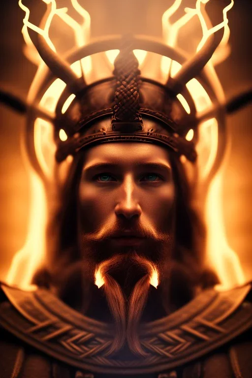 portrait photography of an ethereal beautiful god, Fire theme art, Dark moody lightning night atmosphere, Portrait of a Viking man by Michelangelo, 8K, close-up face, anatomically perfect face, big oak tree roots, ignore NSFW