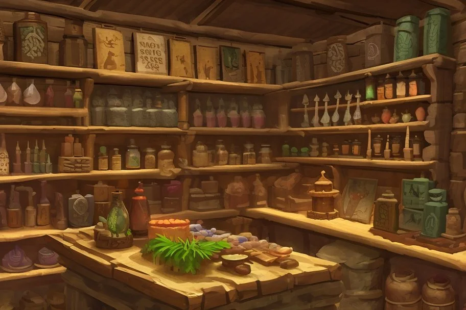 inside of a medieval shop, wooden walls, log pillars, stone bar with shop keeper behind it, magical ingredients on display and weapons on display. people, elves, goblins, orcs, dwarves and lizard folk in room. low lighting and creatures in containers. shelves half empty