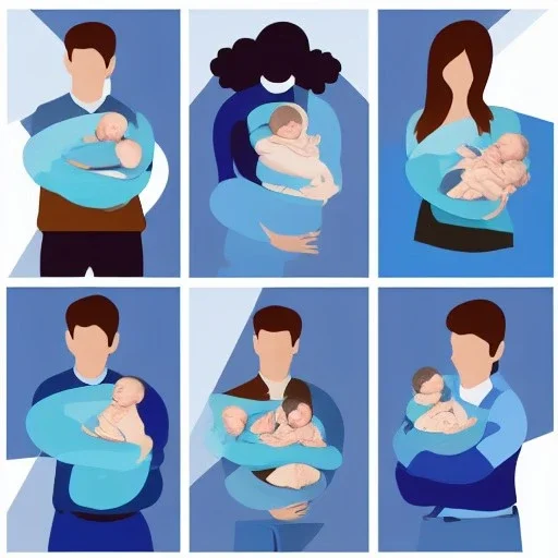 full view, flattened vector image icon of a photographer holding a baby in a bundle, dark blue and light blue color palette, transparent background.