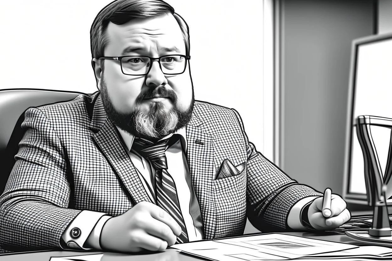 big russian man sitting at desk, portrait, speech, TV address, nametag, glasses, neck beard, short hair, mustache, suit without tie; caricature style, sketch art; black and white; grayscale, pencil drawing