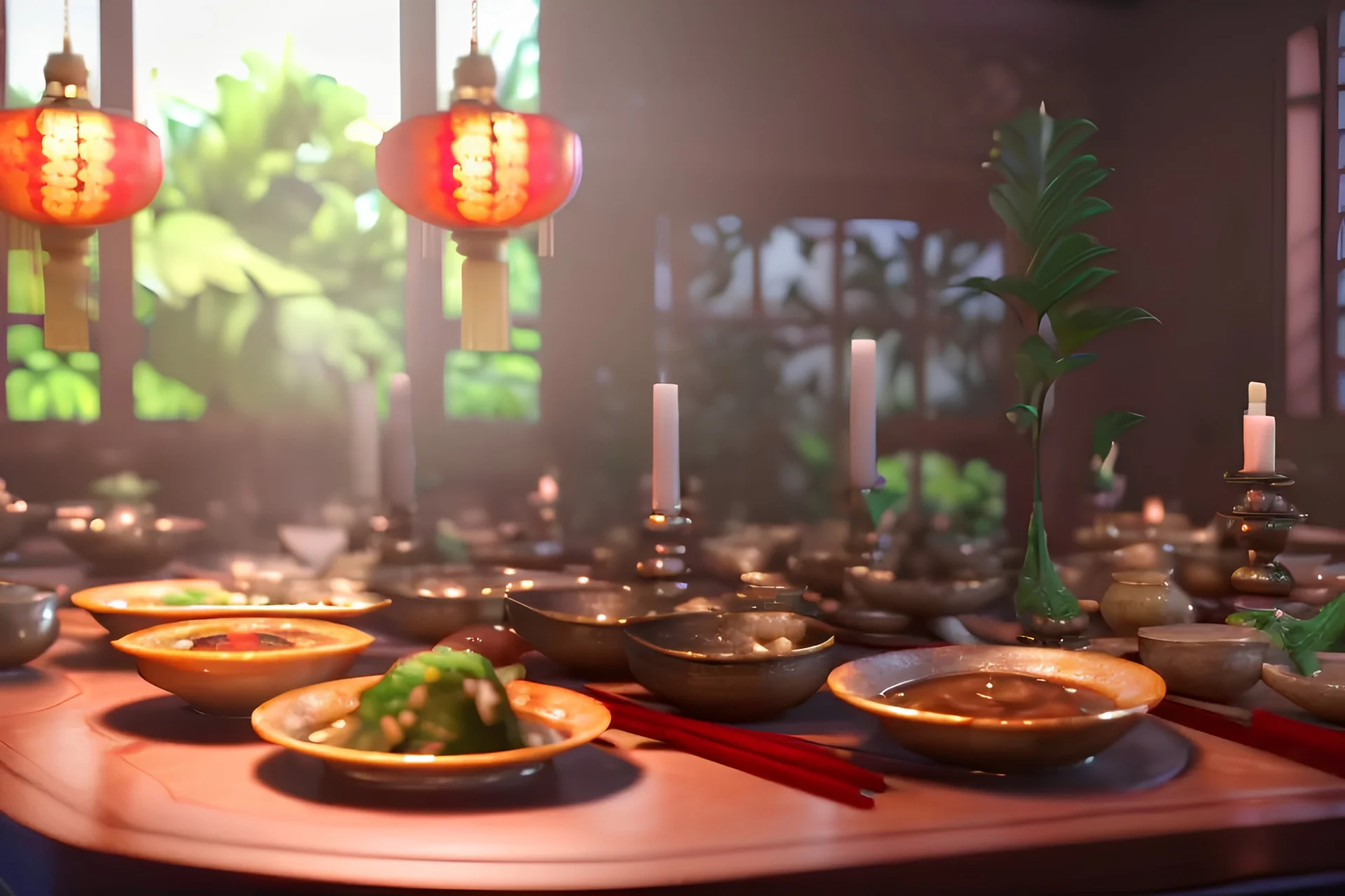 Photographie gastronomique d'un menu asiatique traditionnel: potage, des ha kao, des nouilles sautées au bœuf saté., fruits et légumes exotiques, Belle table de restaurant, vaisselle est en porcelaine de Chine et en argent, Éclairage parfait, reflets discrets, proportions réels, instagramable, photo de une de magazines, majestueux, royal, magnifique, 8k, hdr, cinema 4d, rendu octane, unreal engine 5