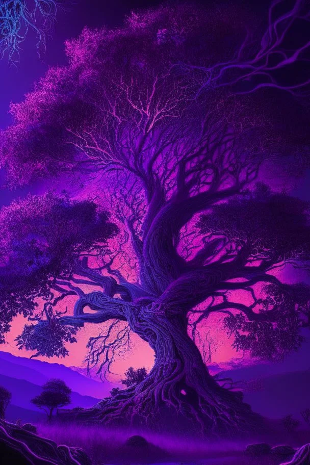 majestic tree, psychedelic, violet tones, fantasy landscape