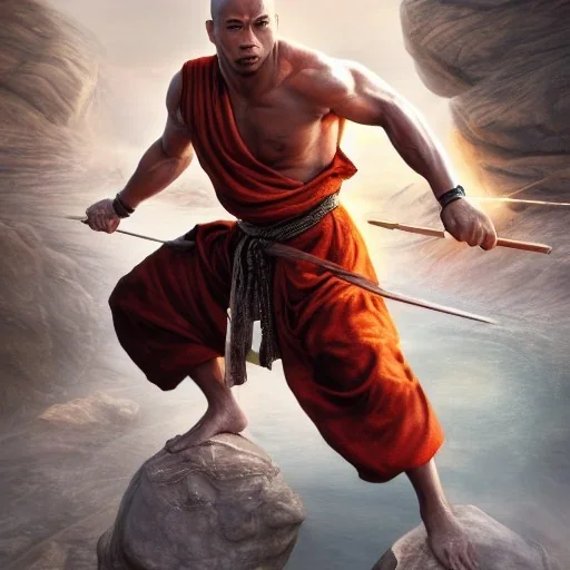 Fantasy,the rock as shaolin monk, heroic, epic, insanely detailed, sunlit, realistic, meditating,acrylic paint, 8k resolution, hdr