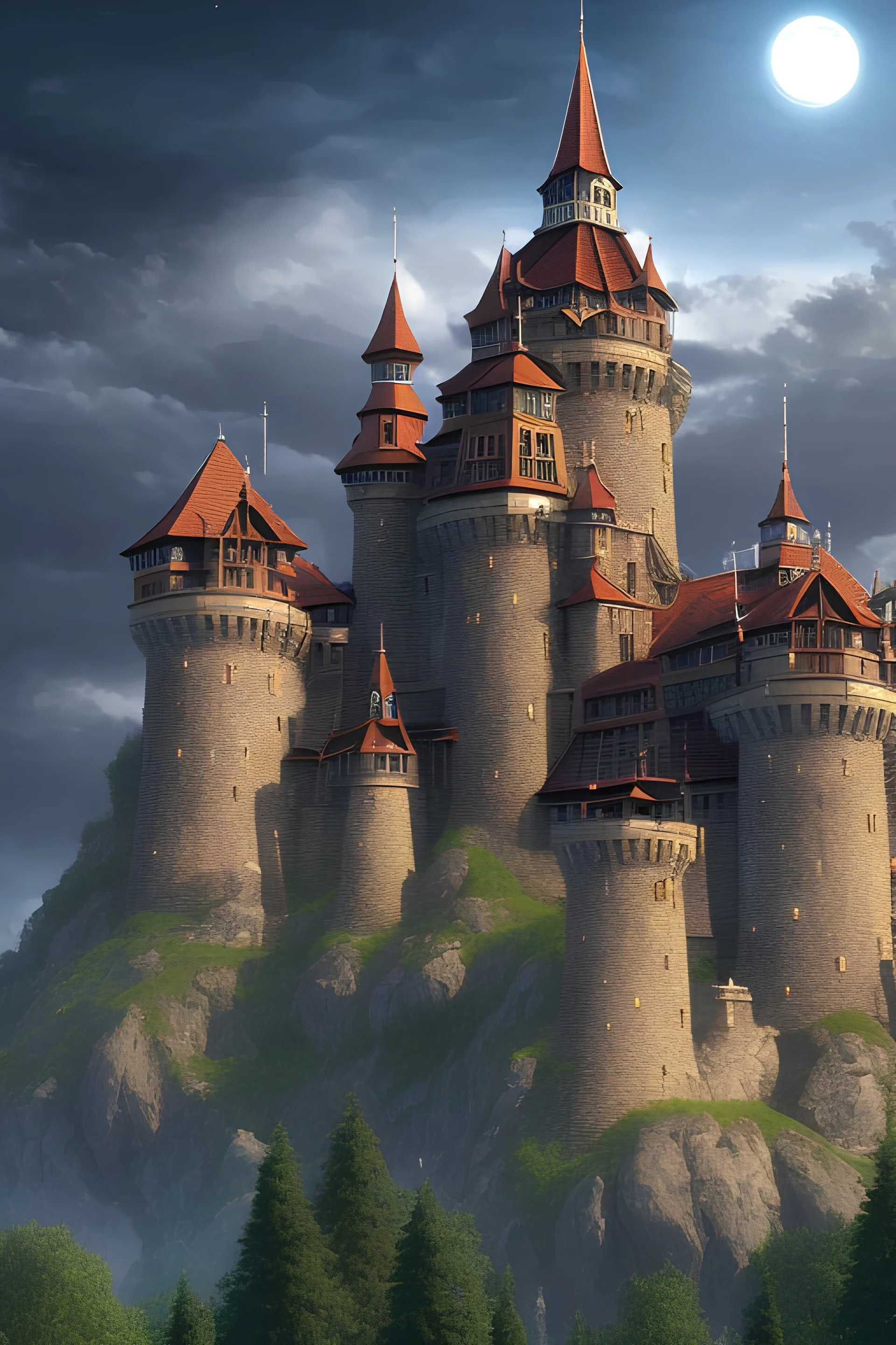 Medieval castle, on a hill, moonlit background, single image