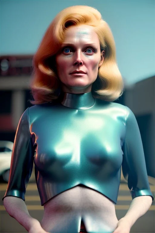 Ultra Realistic retro sci-fi, Supermarket parking scene, 1960 year, blonde woman, sweet young Juliane moore face, x ray lights eyes, face makeup, tight latex coat, levitating cars, many panic people, Retro sci-fi style, soft color, highly detailed, unreal engine 5, ray tracing, RTX, lumen lighting, ultra detail, volumetric lighting, 3d, finely drawn, high definition, high resolution.