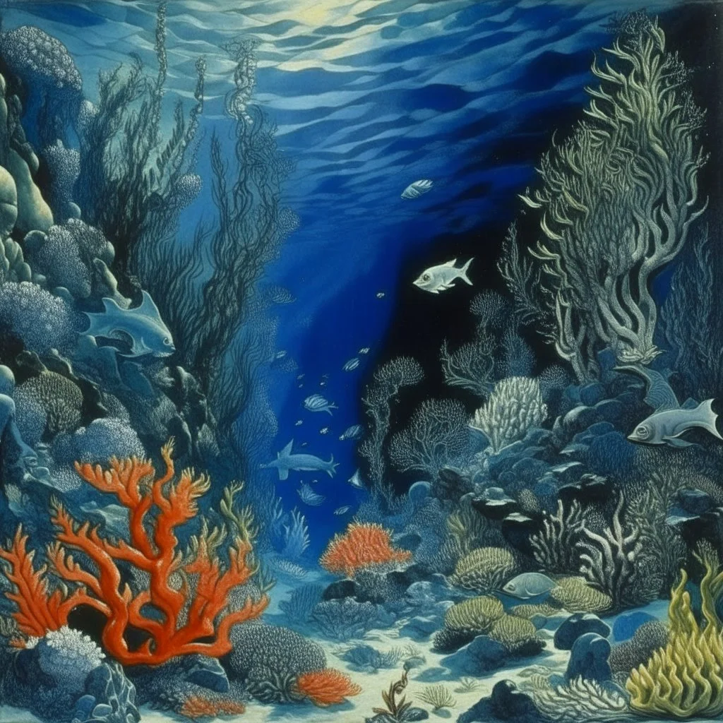 A dark blue coral reef with marine animals painted by Auguste Rodin