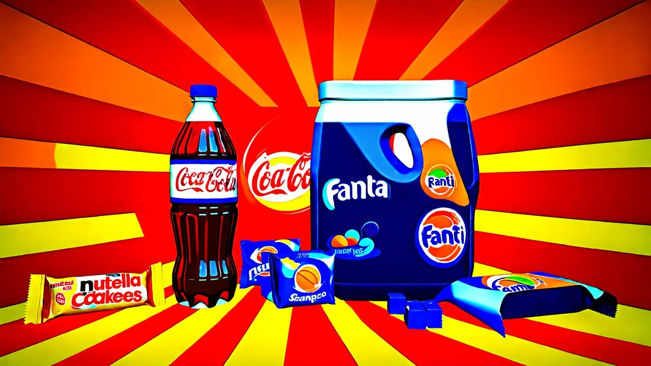 A 3D design of supermarket items such as Coca-Cola, Fanta, mineral water, chocolate, packaged cakes, chips, puffs, Nutella, Rani, candy, shampoo, detergent, soda, ice cream, cheese, cream and butter with an orange, red and white color theme in a special psychedelic space.