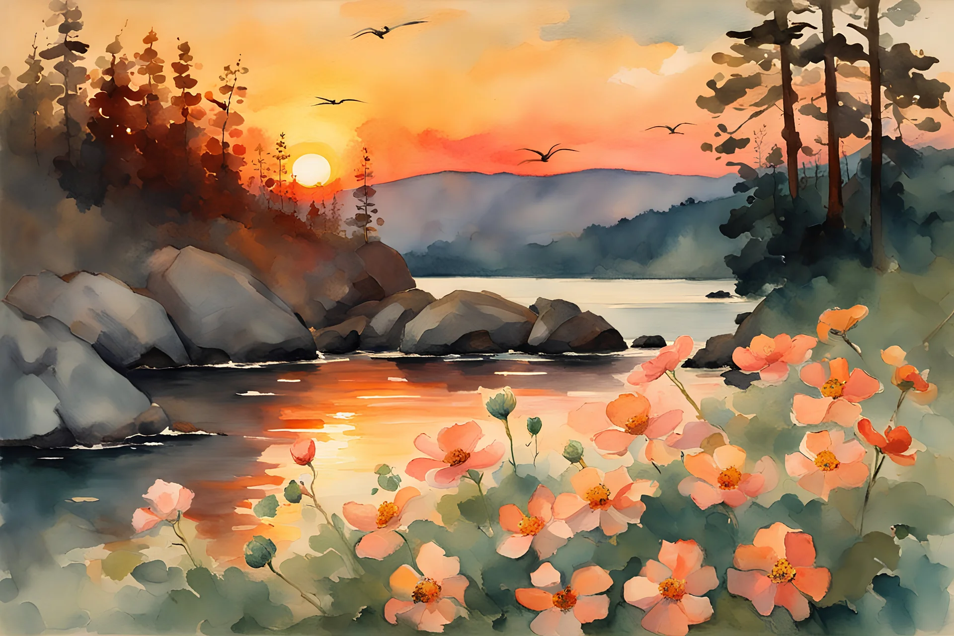 Amazing beautiful sunset, flowers, rocks, mountains, trees, epic, winslow homer watercolor paintings