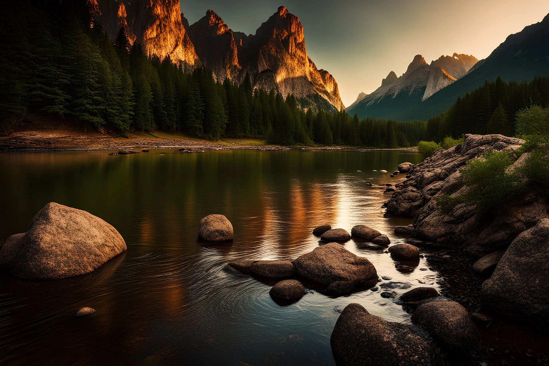 Sunny day, trees, river, mountains, rocks, epic, photography