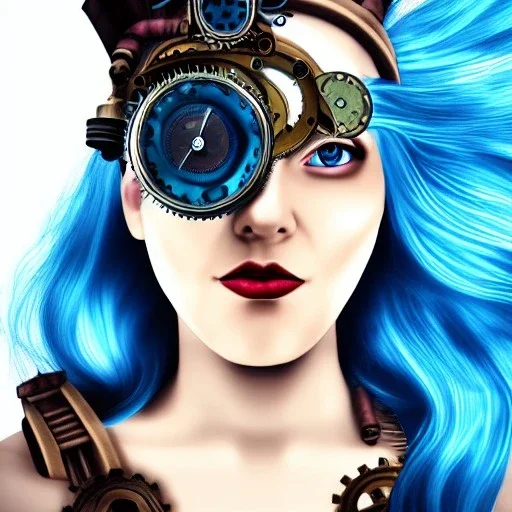 steampunk, head, woman, rendering, blue hair, electric circuits, steam, torn crown, highlights