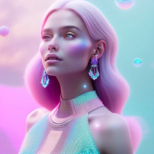 A portrait of a crystalised girl,smiling, laughting longs thin hairs blue, atmospheric, realistic,, cinematic lighting, octane render,, pink turquoise light, white skin, pink atmosphere, nice smile, jewels brillant