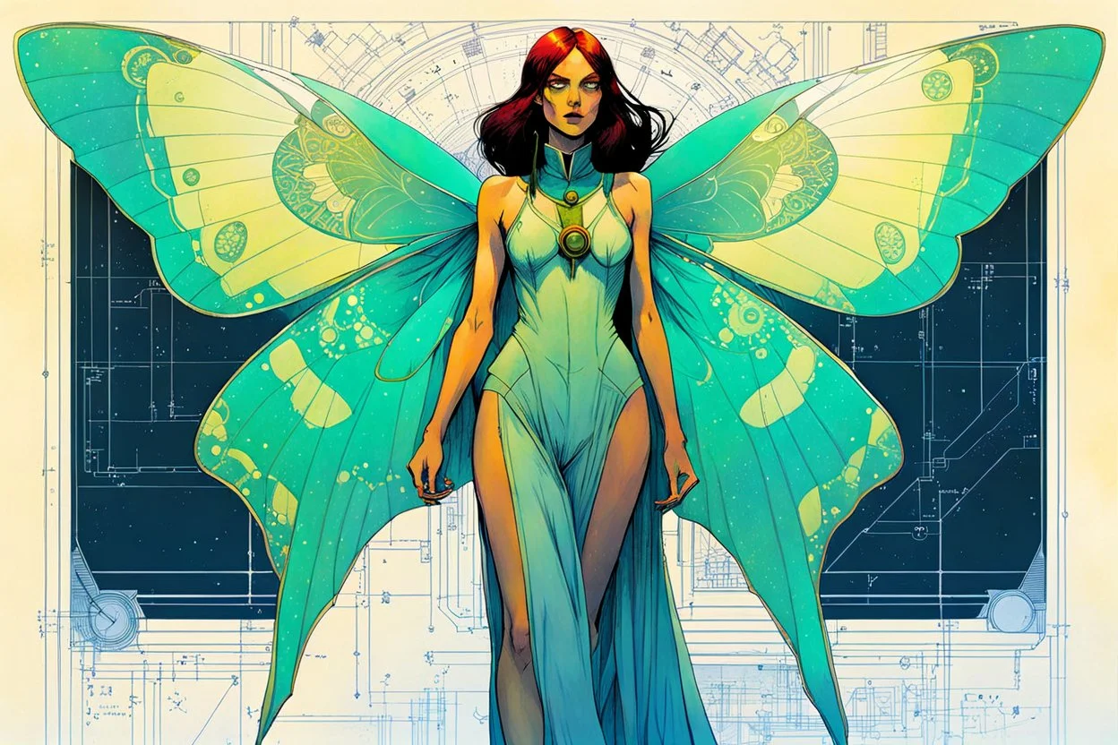 Hand drawn technical,full body portrait illustration , with detailed blueprints and engineering schematics of a walking Luna moth insect girl, in the comic book art style of BILL SIENKIEWICZ and JEAN GIRAUD MOEBIUS, with highly detailed facial features, drawings, and technical notation, 8k, vibrant natural colors