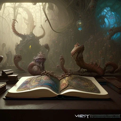 mdjrny-v4 style, magic spell book sitting on a table in the catacombs, hypermaximalist, insanely detailed and intricate, octane render, unreal engine, 8k, by greg rutkowski and Peter Mohrbacher and magali villeneuve