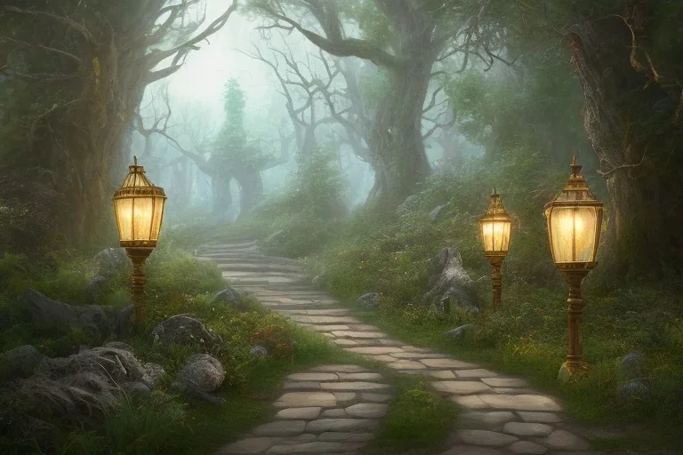  stone path lanterns forest