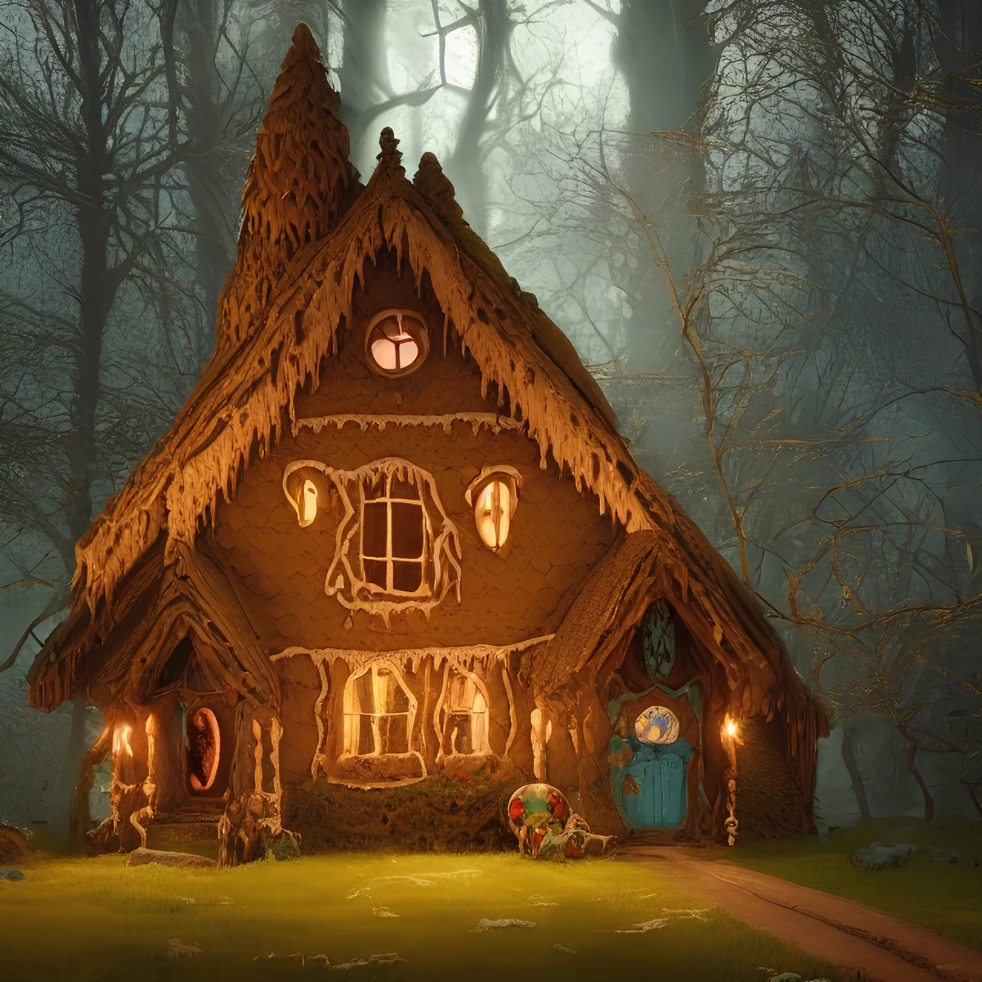 a witch house in the woods made of gingerbread, cerulean frosting, and pastel candies, 8k, flickering light, centered, high-quality, fine-detail, digital art, detailed matte, volumetric lighting, illustration, 3D octane render, brian froud, howard lyon, greg rutowski, alphonse mucha