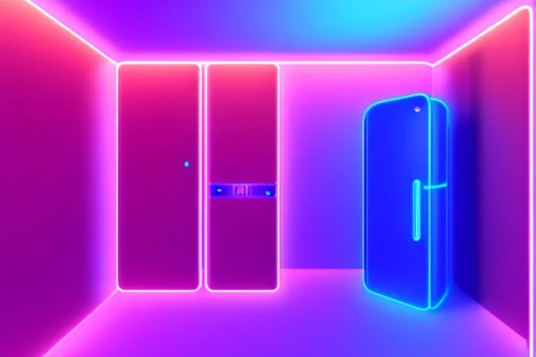 Interior of refrigerator, blue neon lights, high detail, high definition, 3D, Blender