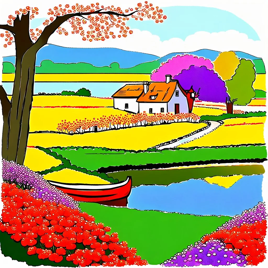 A colorful spring countryside landscape with a large tree with red blossoms in the foreground, a small village with thatched houses in the middle of the ground and a reservoir with a boat in the distance. In the background are magnificent flower fields in yellow, purple, red and orange colors. The scene has a warm color palette