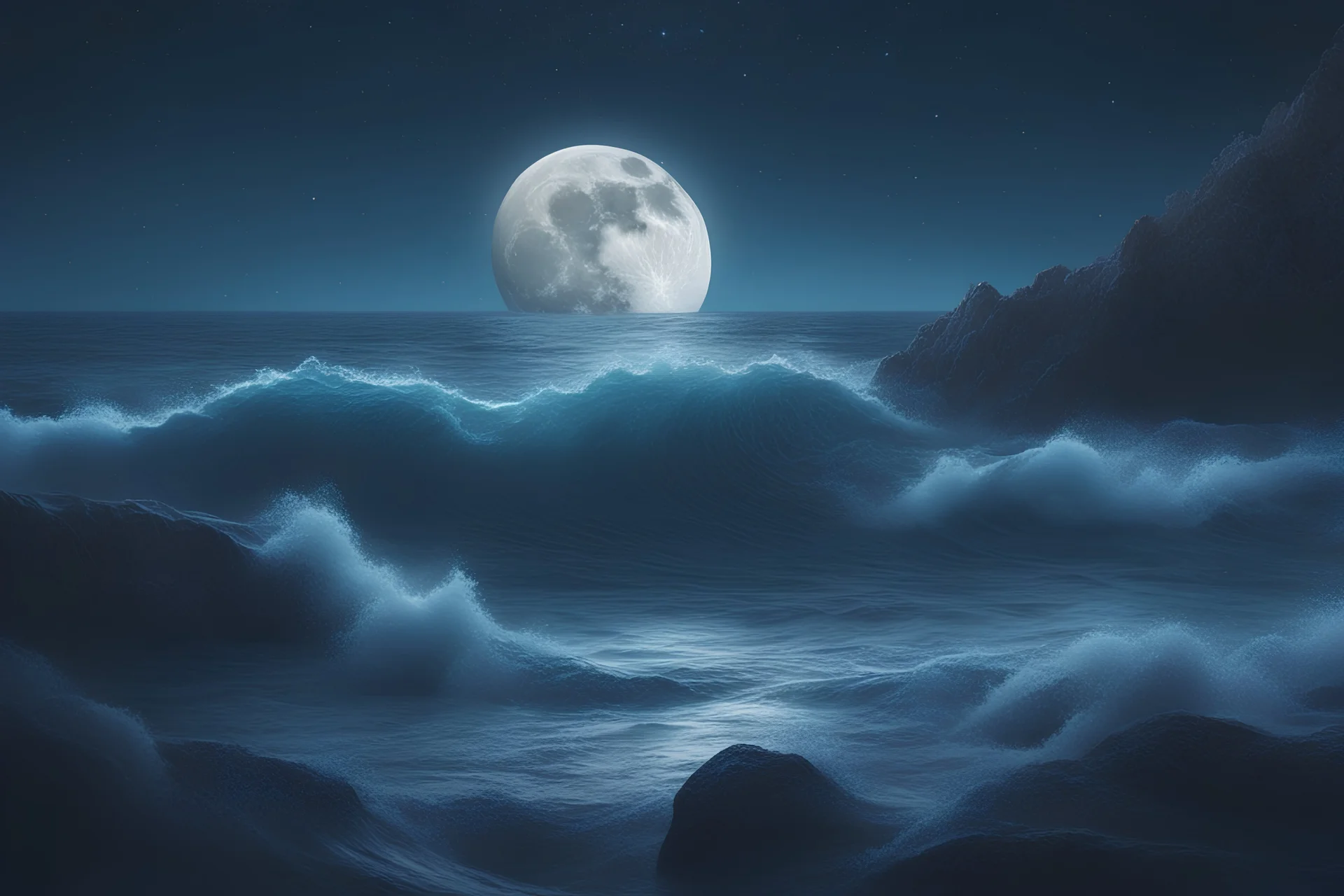 Cinematic scene and lights .REalistic,A breathtaking scene of a beautiful sea, moon, night lights, stars, balanced, , intricate detail,wave, complementary colors, fantasy concept art, 8k resolution, pale skin, twilight, extreme quality, extremely detailed, ultra-detailed face, ultra hd 8k,