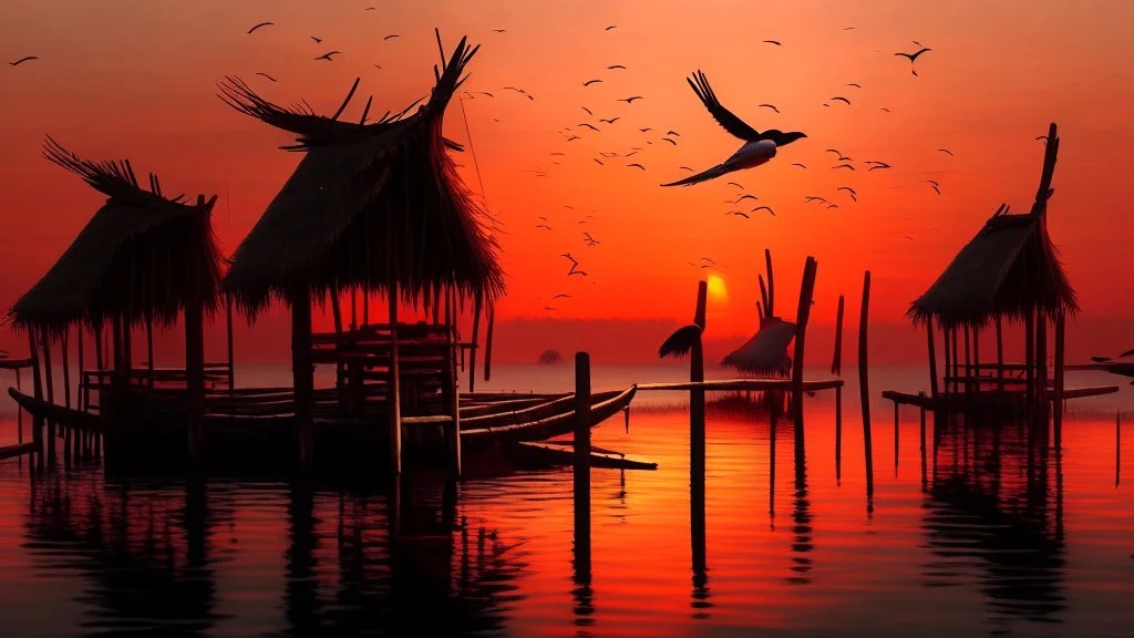 Large birds fly between long, fragile bamboo pillars that support dilapidated cabins in uncertain balance, over a calm sea where small fishing boats work, in an atmosphere of reddish sunset