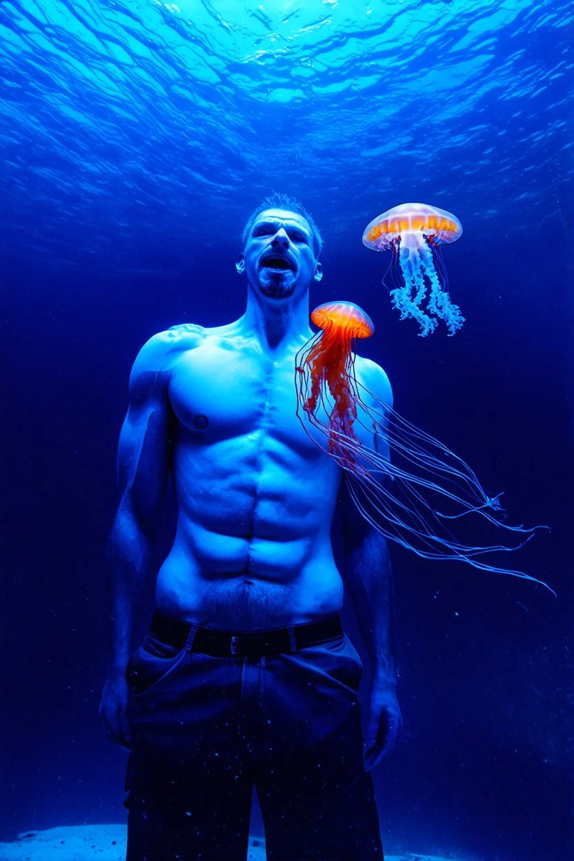 a man's torso and the other half jellyfish
