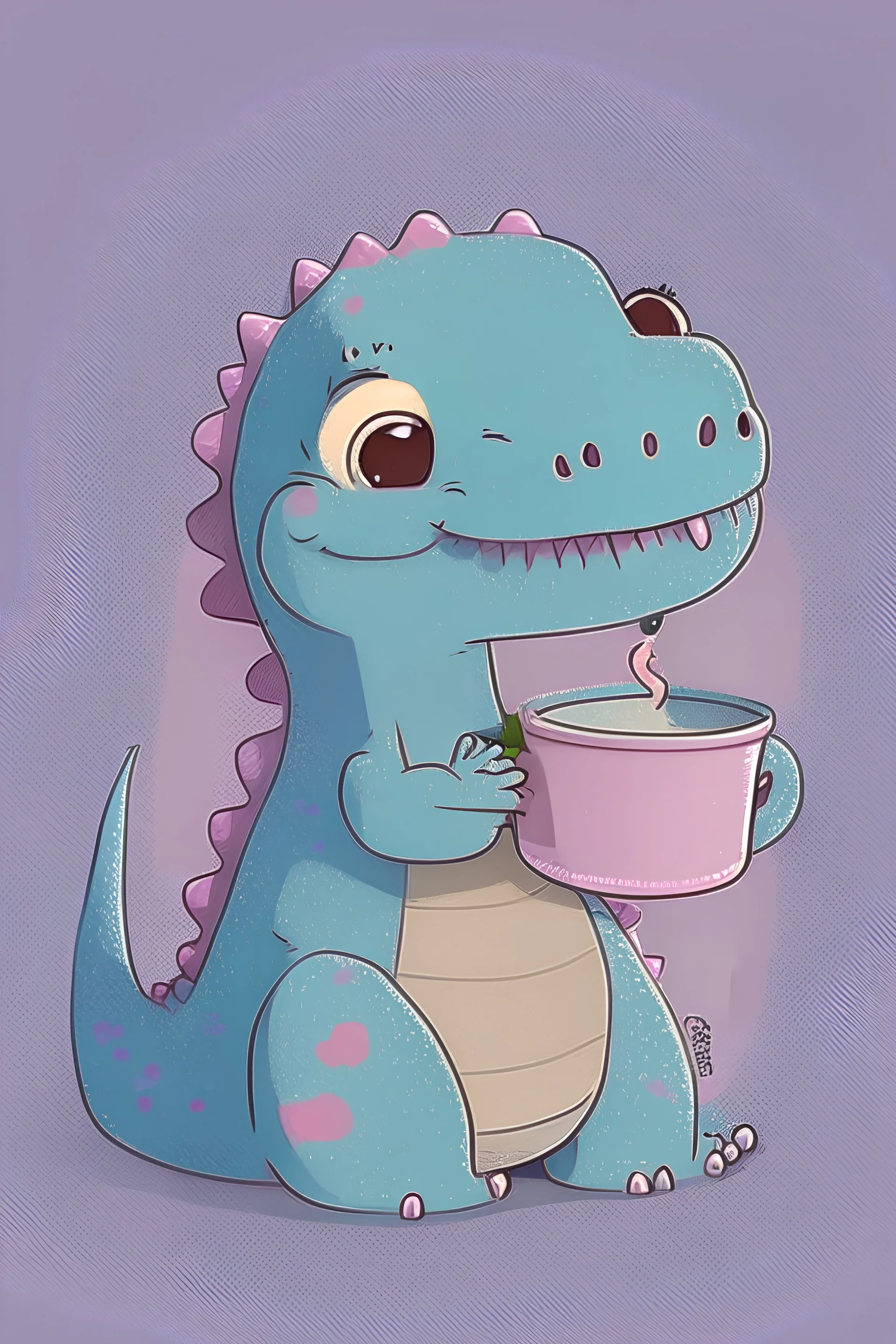 Cute flat animation of a dinasor, The dinasor is soft pink with cute eyes and a lovely look, without nostrils. The dinasor is a basic simple cartoon character With small hands, without many details, Without scales. The dinasoor is enjoing drinking tea from a blue cup. She is holding the cup with her hands.