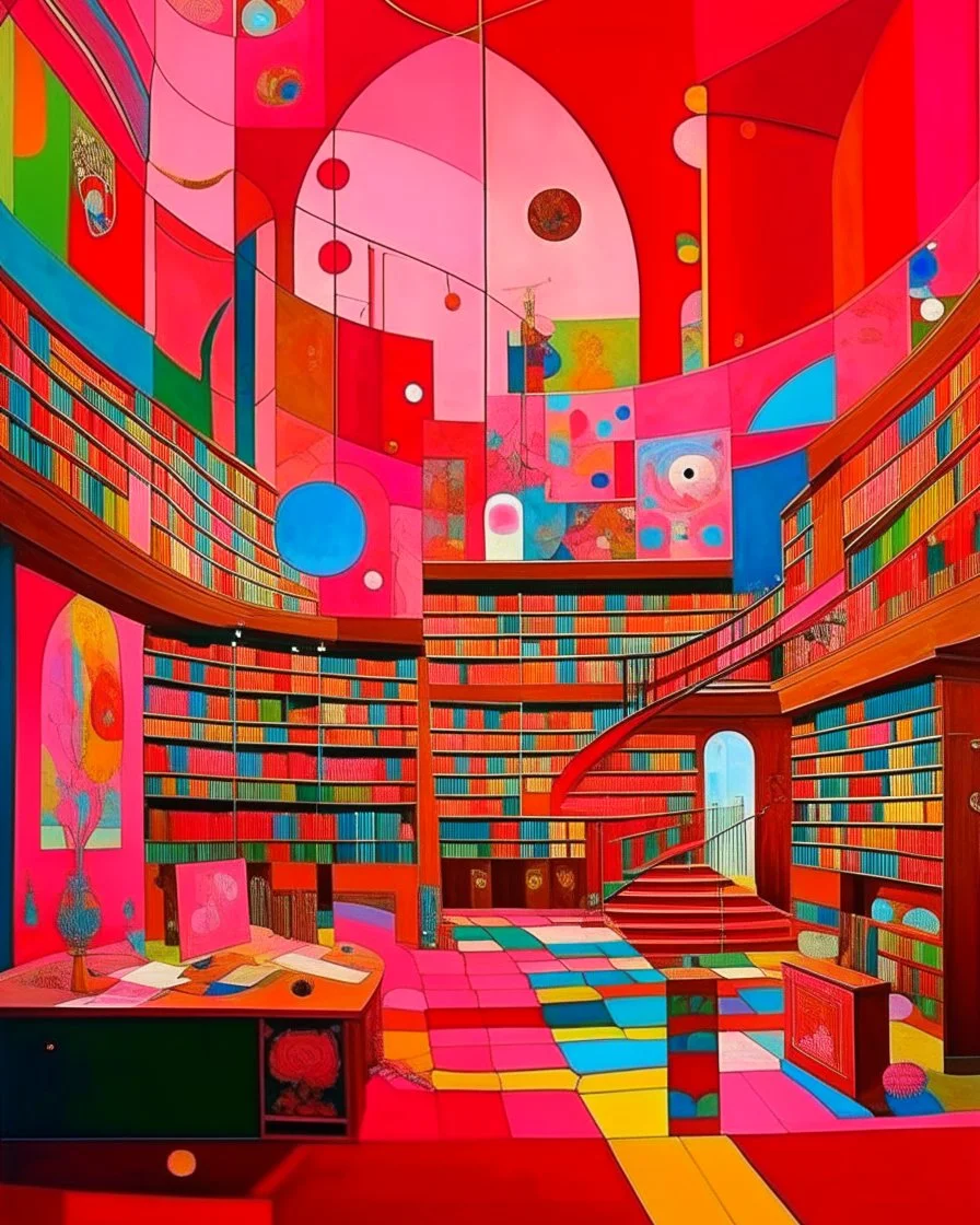 A library filled with pink magic painted by Wassily Kandinsky