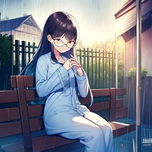 anime girl writing with a pencil in her hand in a book sitting on a porch swing of a very old house in the rain, wearing pajamas,wearing glasses, rain and raindrops