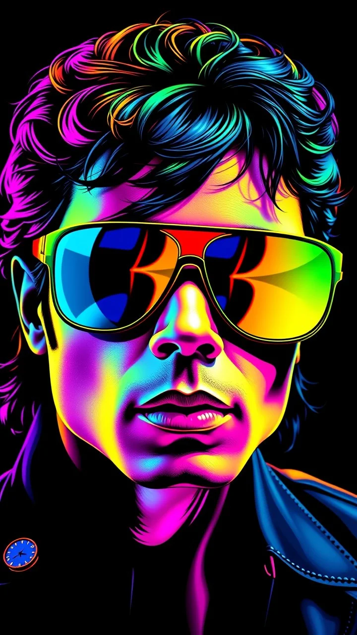 WPAP Pop art style Accurate Michael Jackson Sunglasses outside emboss 3d shiny cubis mirrors glass minimalist Neo Surrealisme Unique surrealistic artwork brutal multicolor neon colors,find details,UHD neons,black background