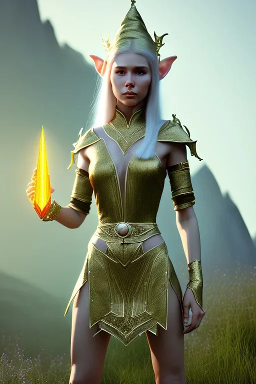 elven young woman, wearing light dress, visible ultradetailed cute femine face, visible and armonious legs and feet, luminous weather, field in the mountains, realistic 3d render, mortal kombat style, unreal engine