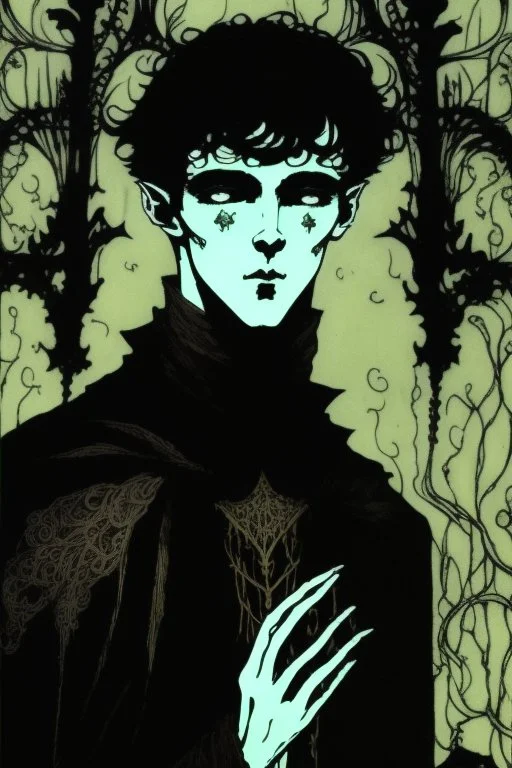 17 year old boy, necromancer, friendly, looks dead, surrounded by weird smoke with eyes, wearing black robes, in the style of Harry Clarke