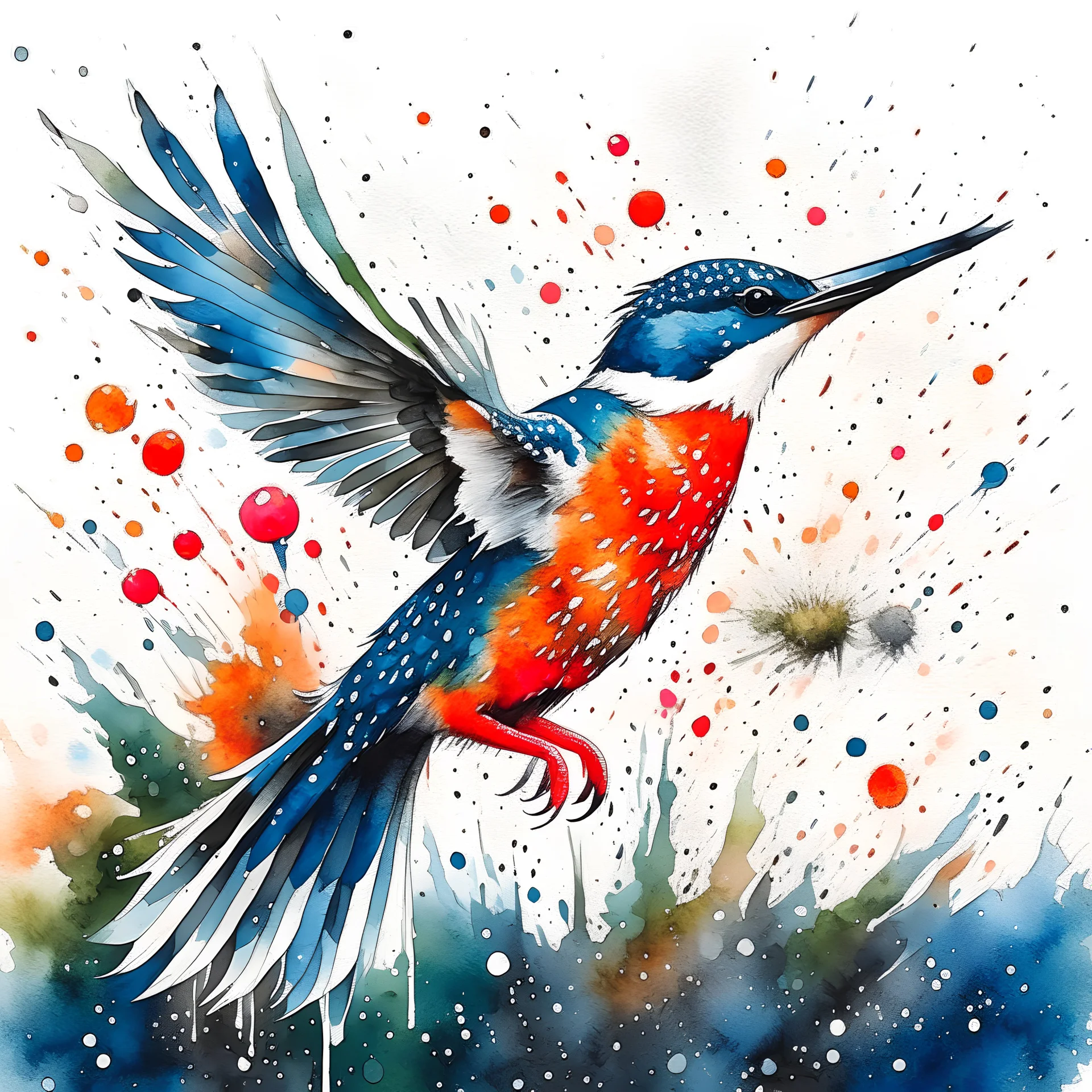 Kingfisher plunged high in the air underwater, whimsical photographic imagery Sharp focus Elegant Extremely detailed Intricate 8K beautiful fantastic view HD HDR high detail Wet watercolor in silk style Mickey Griffett The best AI-generated enhanced artwork Raindrop splash watercolor, wet on wet, splash effect, splash, Steve Hanks High quality high resolution