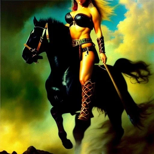 portrait oil on canvas, beautiful busty female Barbarian Warrior, riding a Black Horse,green eyes, ,minimal armor,comic book cover, mystical colors,insanely detailed,realistic,intrincate detail, 16k resolution, masterpiece,Frank Frazetta,Alex Horley, Simon Bisley