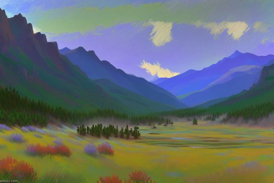 Rocky Mountain National Park landscape scene in the style of Claude Monet Modifiers: Landscape Claude Monet Panoramic View Impressionism School French Impressionists