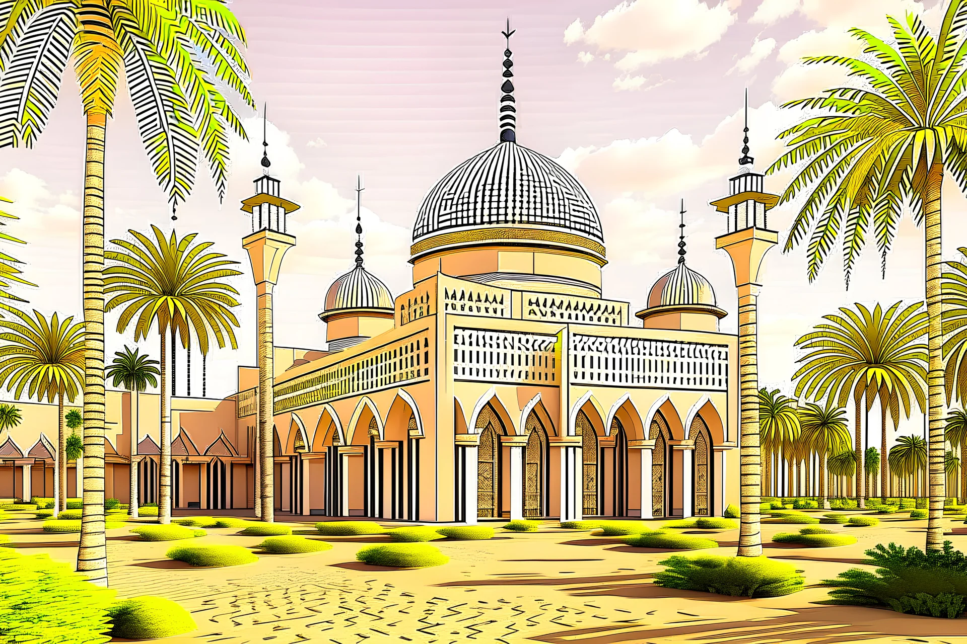 Masjid megah di tengah hutan belantara dengan ornamen tulisan klaigrafi berbahasa arab