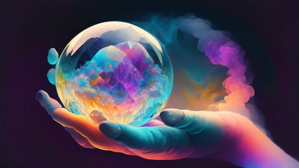 Chrystal ball to look into the future, hands around the ball, smoke appearing inside the ball, pink, dark blue, orange, yellow, aqua blue, very detailed and realistic, ilustration