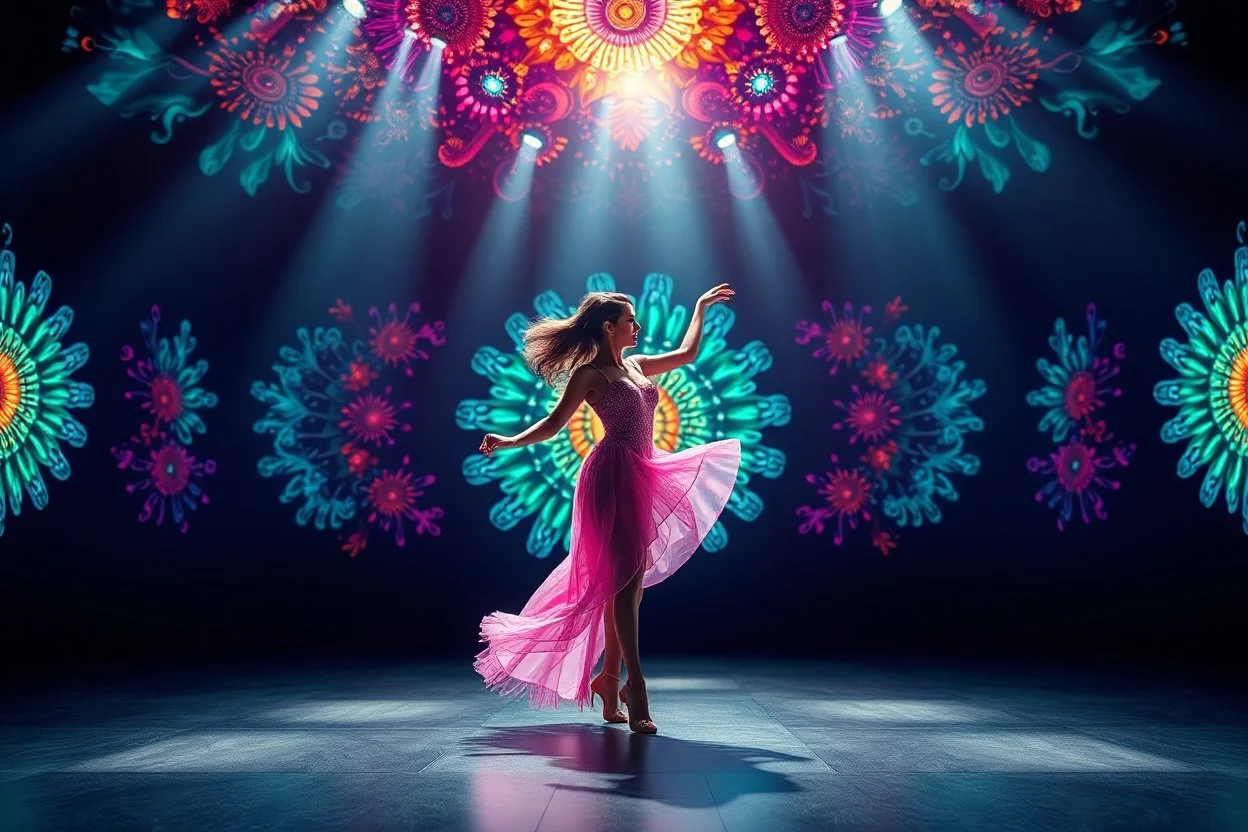 A 3D recursive Mandelbulb fractal modern stage with a pretty lady dancing ,pretty colorfull , creating a calm and serene atmosphere,closeup shot,stage at low light but lady in good lighting